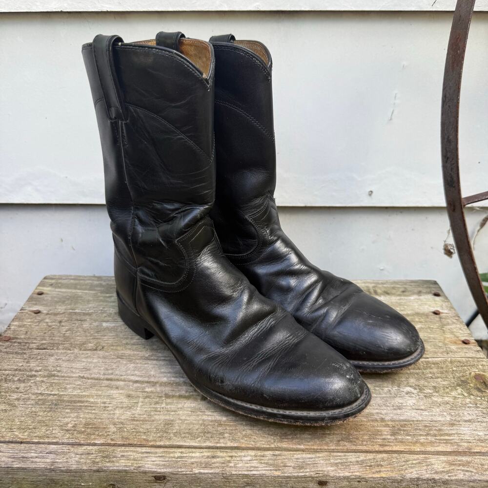 Vintage Justin Boots Black Roper Pull On Cowboy Western Size 9 1/2D Style 3133